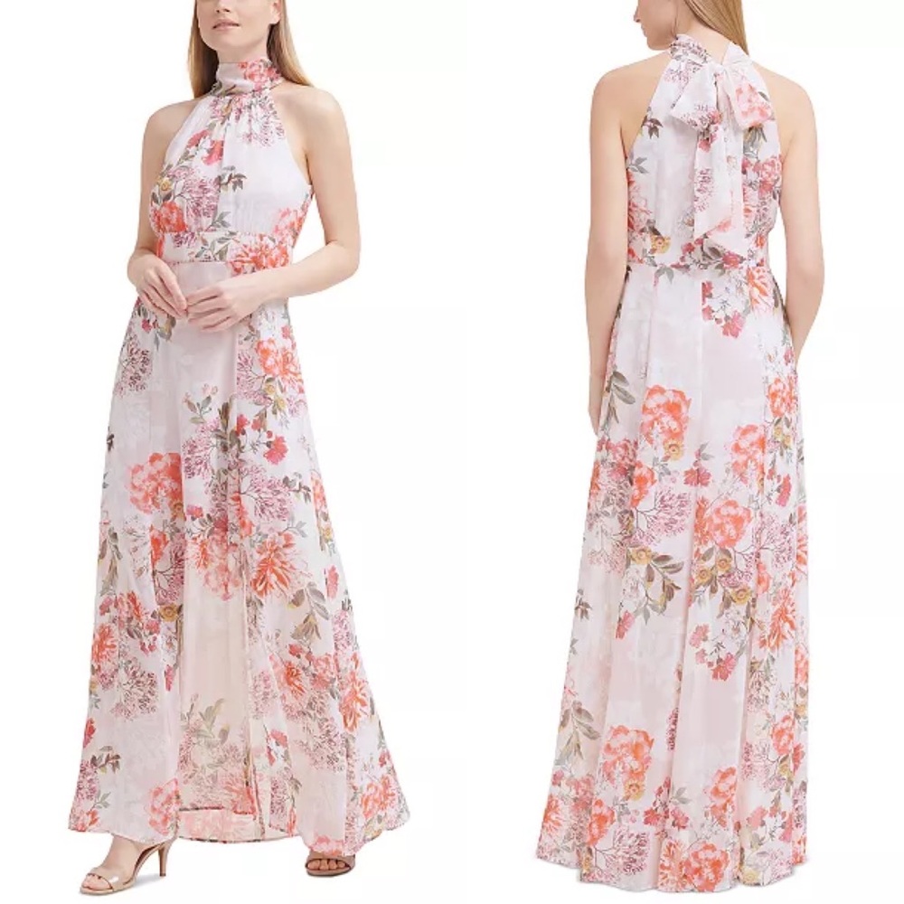 NEW Eliza J Floral Halter Neck Chiffon Maxi Dress Gown